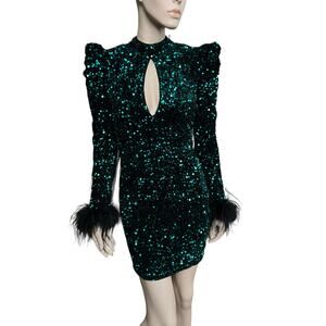 Shop17 Green Bodycon Mini Dress Sz S Feather Trim on Sleeves Zipper Back Closure
